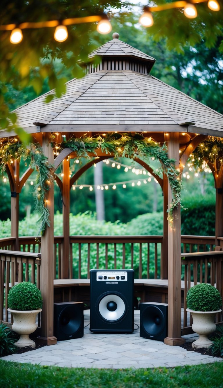 A gazebo adorned with string lights and lush greenery, with a built-in sound system emitting ambient music