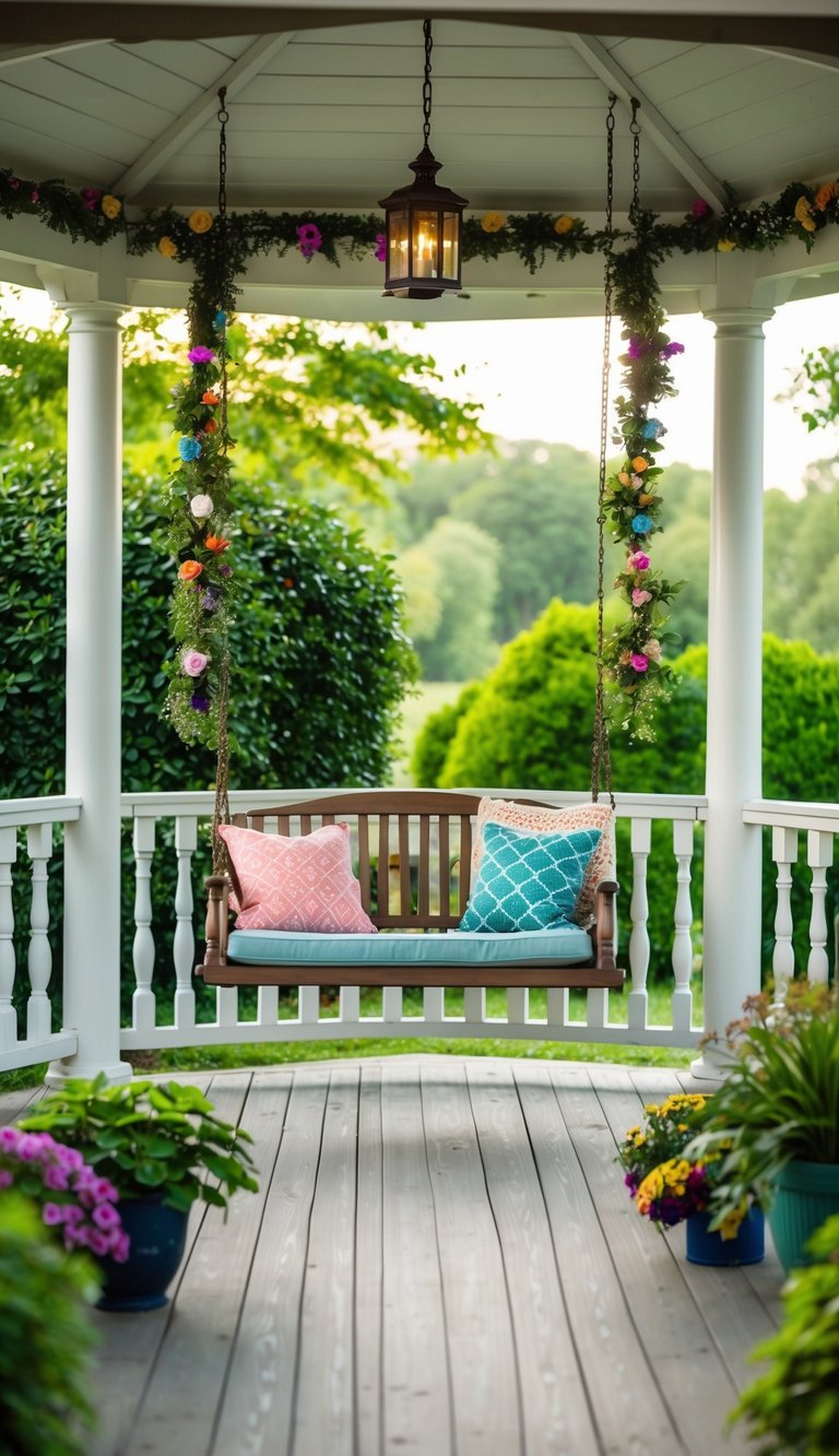 A cozy swing chair hangs in a serene gazebo surrounded by lush greenery and colorful decorations