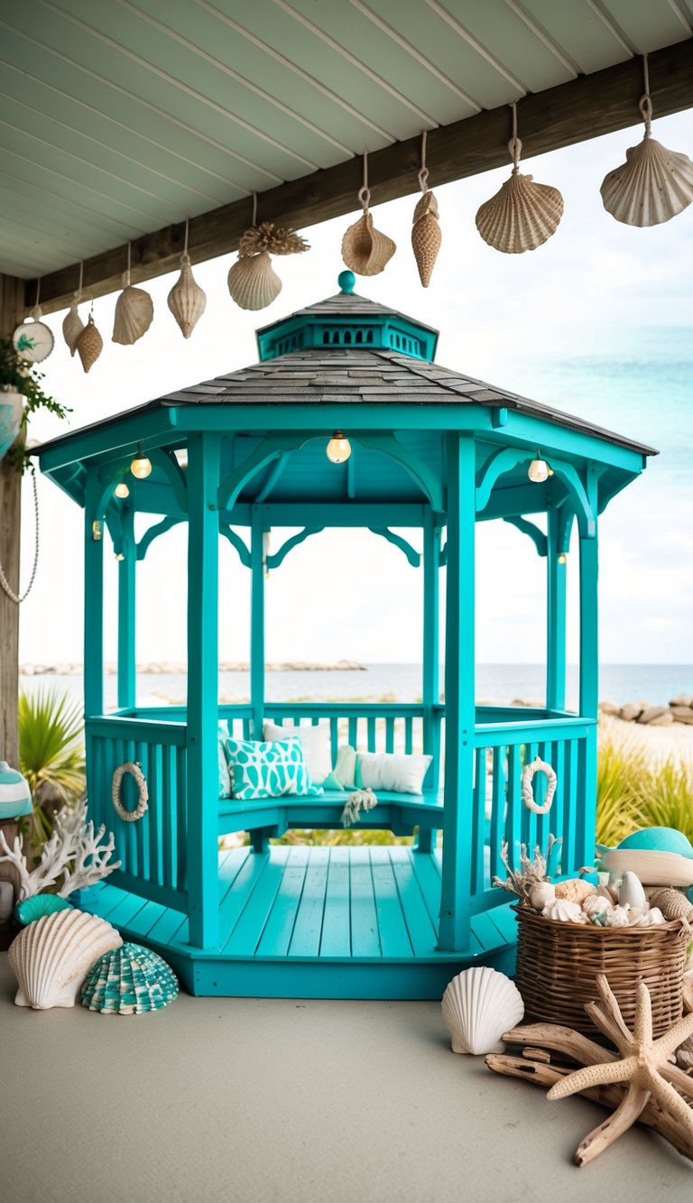 A gazebo adorned with turquoise accents, surrounded by coastal elements like seashells, driftwood, and nautical decor