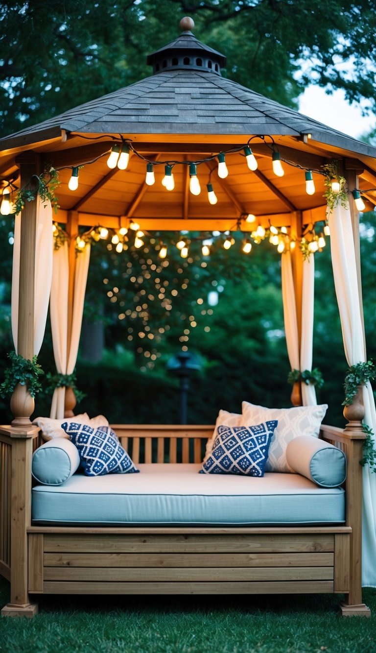 A daybed sits under a gazebo adorned with decorative elements such as string lights, curtains, and pillows