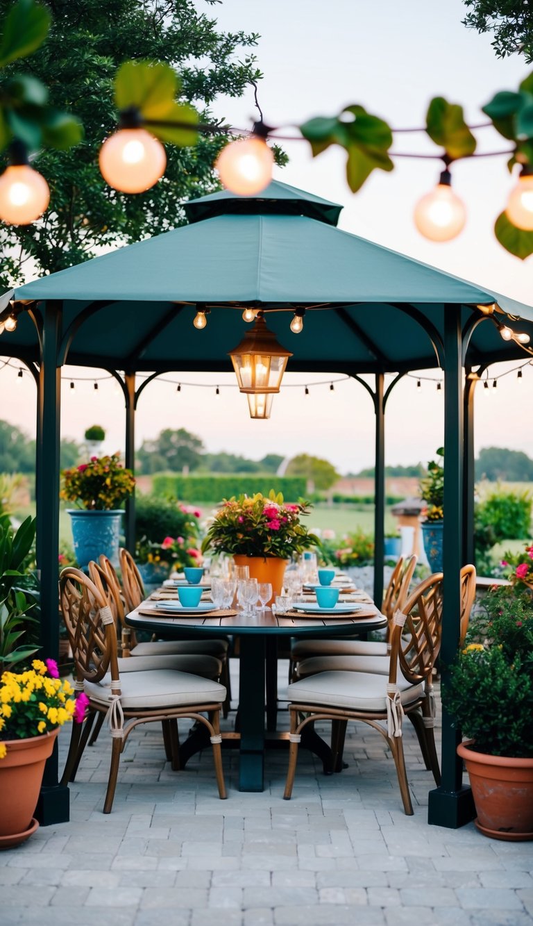 A dining set is arranged under a gazebo with hanging lights, surrounded by potted plants and colorful decorations