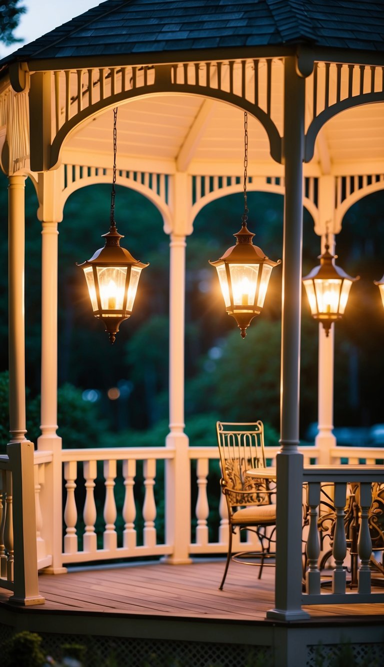 A gazebo adorned with classic lanterns creates a warm and inviting atmosphere