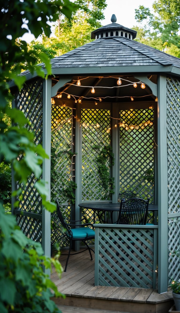 Lattice panels surround a gazebo, creating privacy. Vines climb the panels, with twinkling string lights woven through the lattice