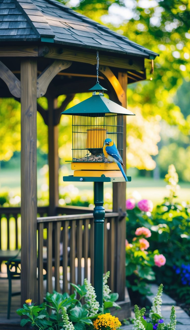 A wooden gazebo with a colorful bird feeder hanging from the roof, surrounded by lush greenery and flowers