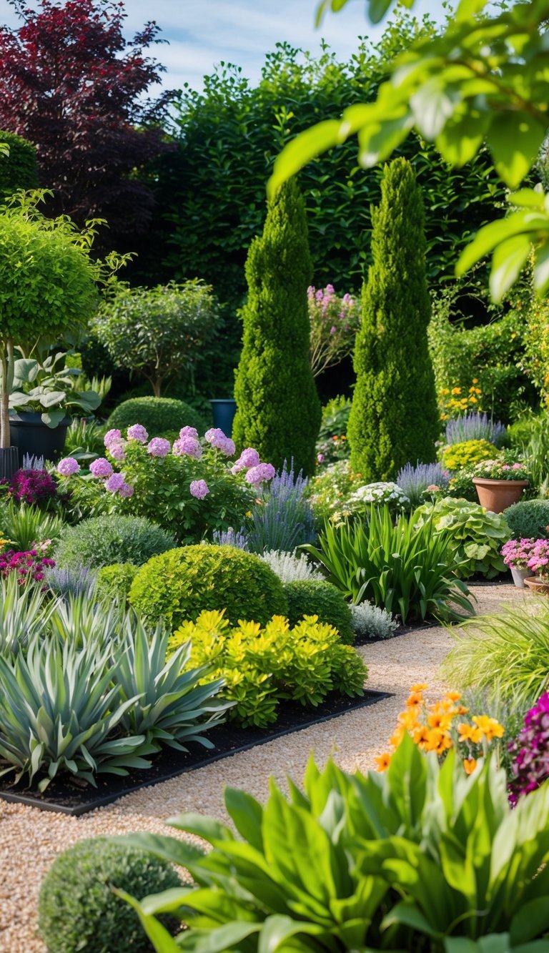 A lush garden with a variety of plants, flowers, and trees arranged in a visually appealing and well-maintained manner