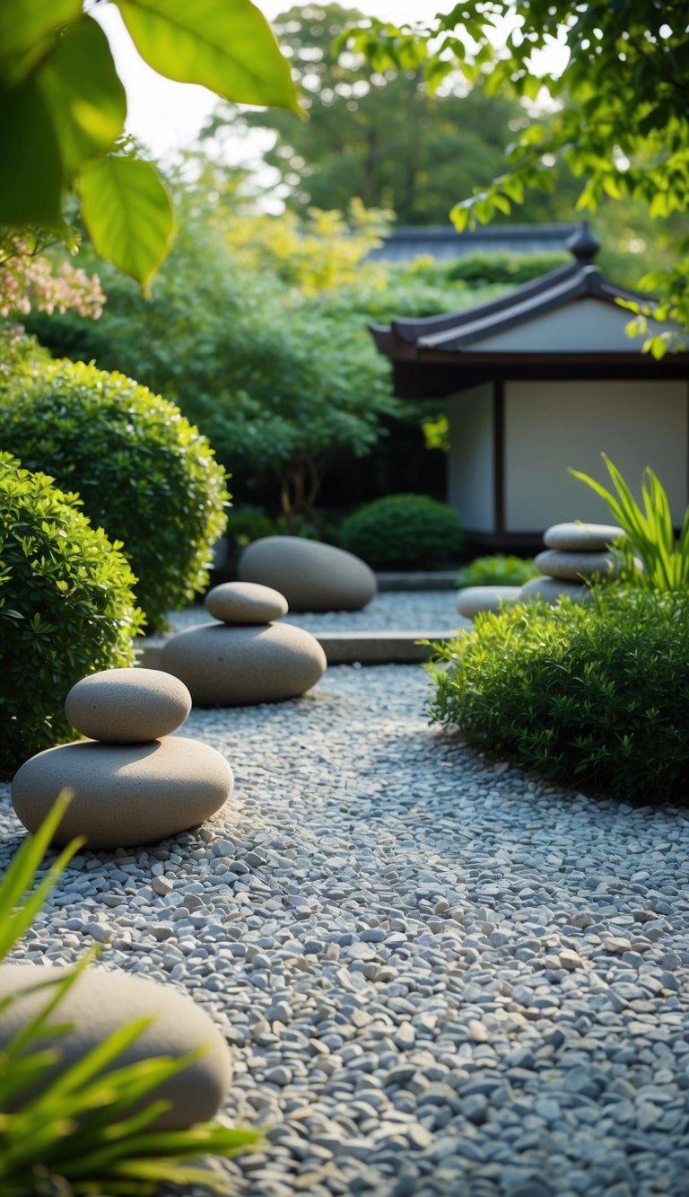 A serene Zen garden with raked gravel and carefully placed stones, surrounded by lush greenery and a peaceful atmosphere