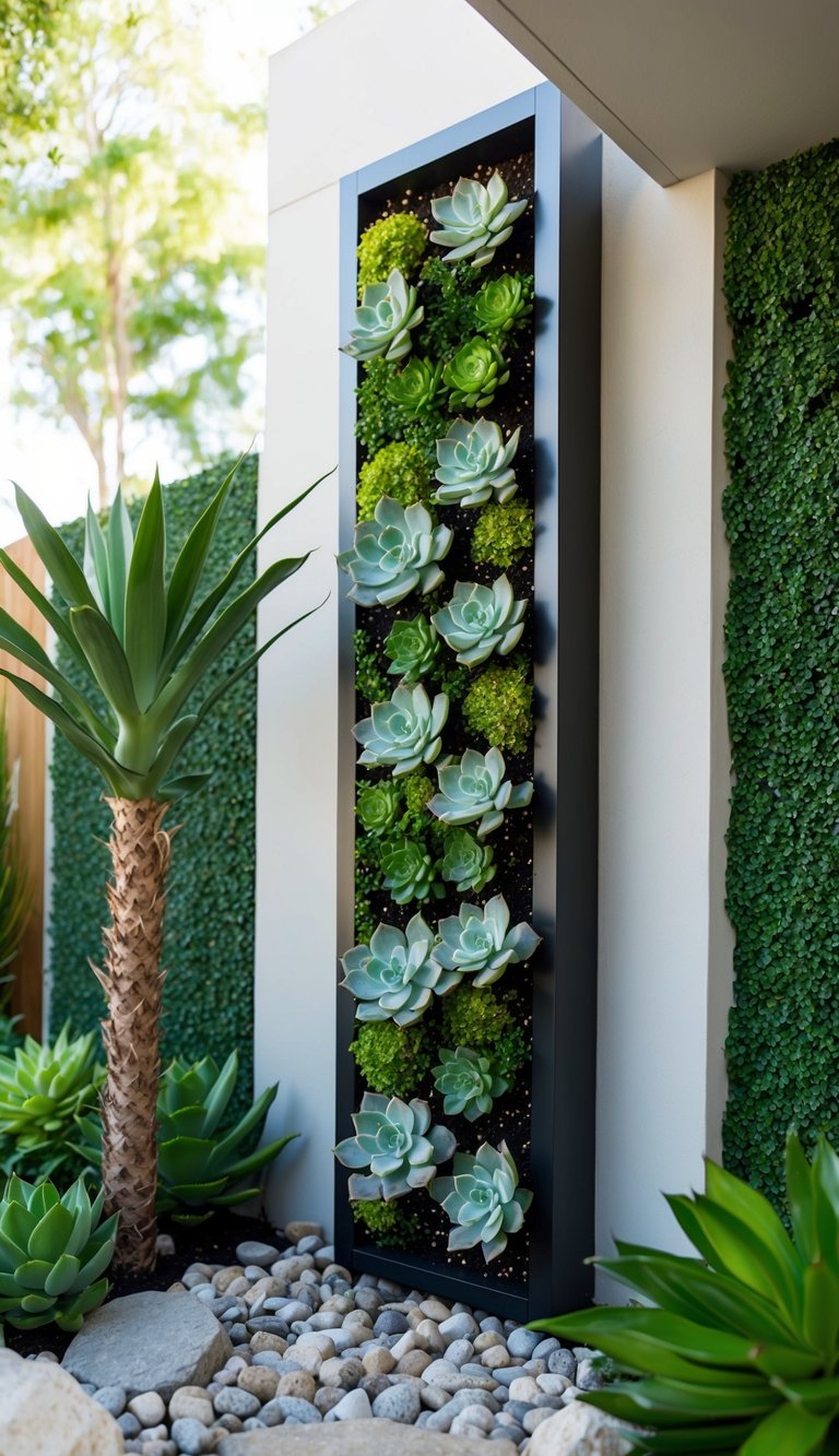 A vertical succulent wall is installed in a modern outdoor space, surrounded by lush greenery and natural stone landscaping