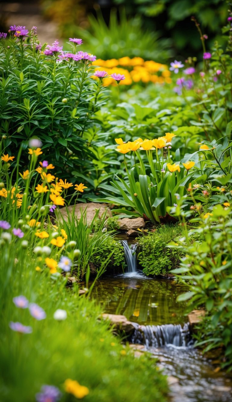 A small pond nestled among lush greenery and colorful flowers, with a gentle stream flowing into it