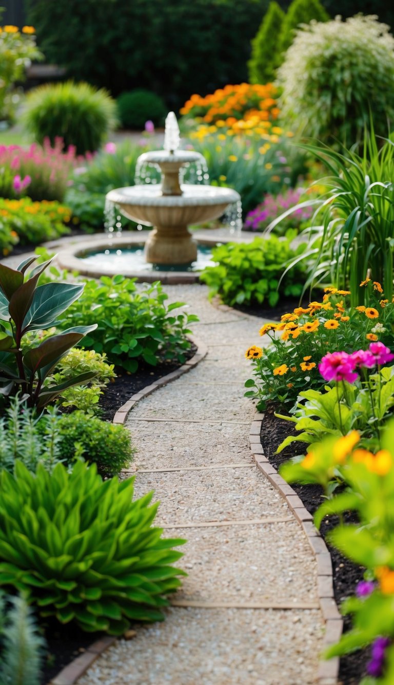 A serene garden with native plants, winding paths, and a bubbling fountain, surrounded by lush greenery and colorful flowers