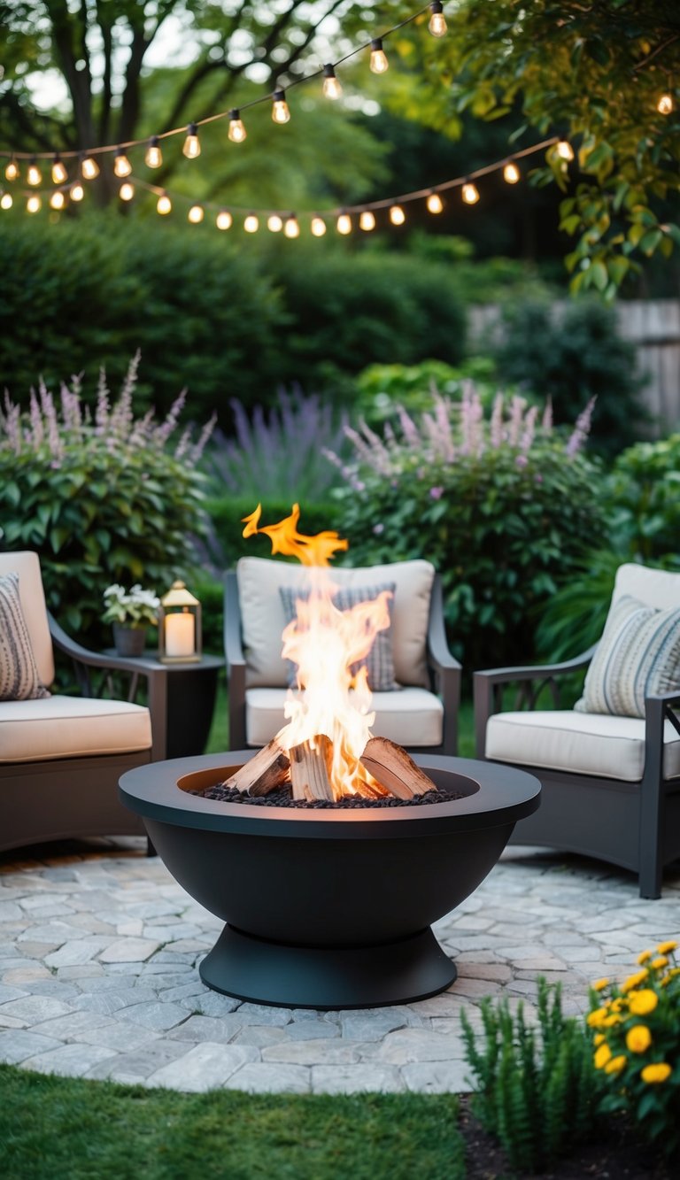 A fire pit surrounded by cozy seating, nestled in a landscaped garden with soft lighting and lush greenery