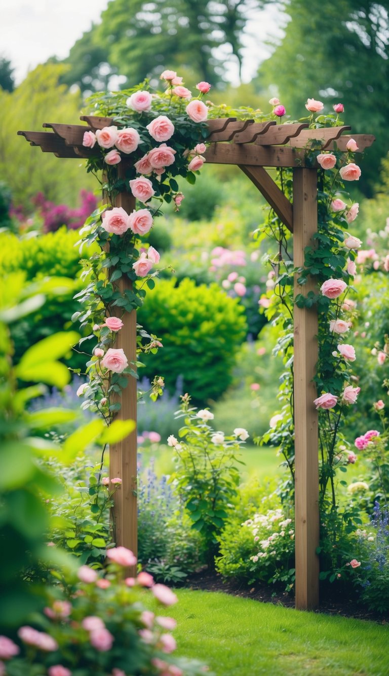 A wooden arbor adorned with climbing roses stands in a lush garden, surrounded by vibrant greenery and blooming flowers