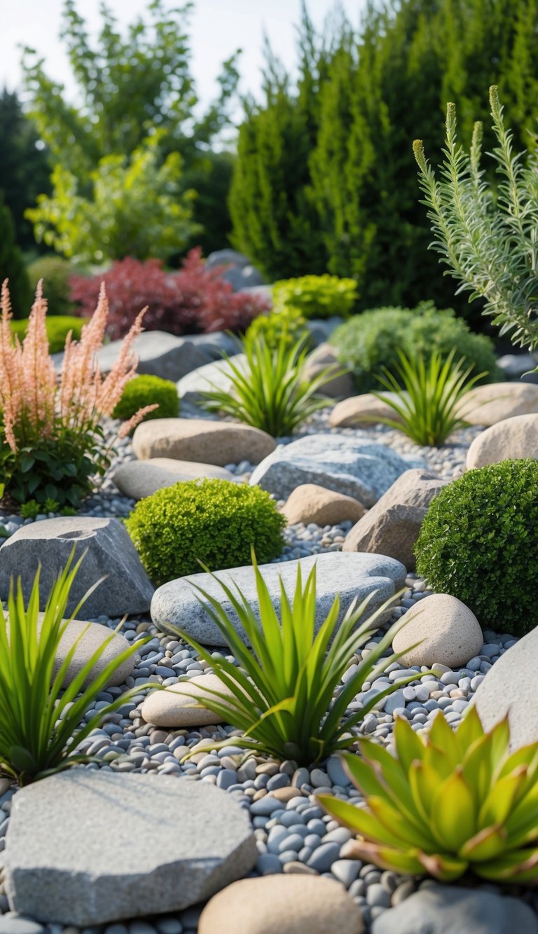 A serene rock garden with 21 unique landscaping features, including various types of rocks, pebbles, and ornamental plants arranged in a harmonious and balanced composition