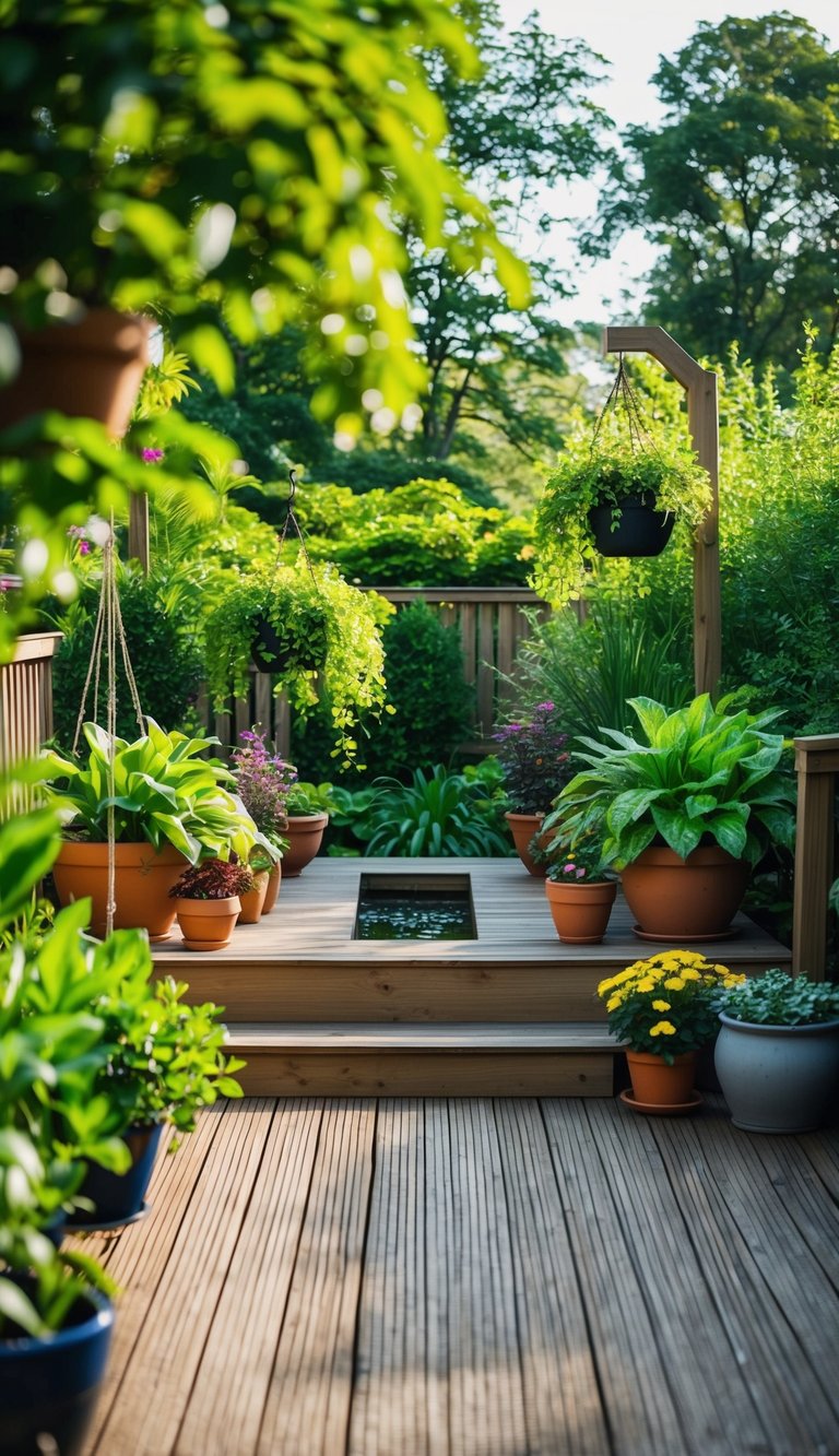 A wooden deck surrounded by lush greenery, with potted plants, hanging baskets, and a small water feature