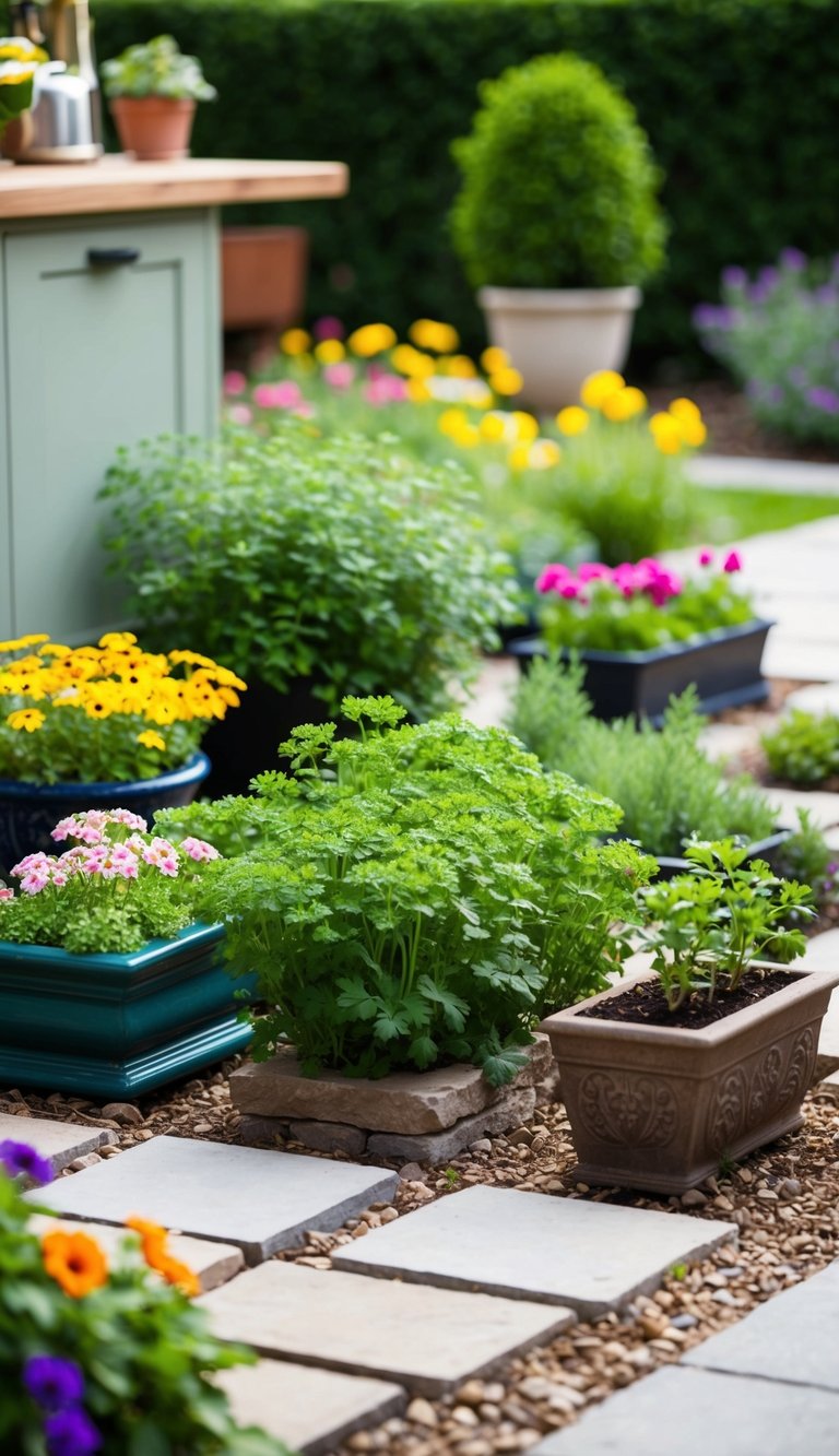 A small herb garden nestled near the kitchen, surrounded by neatly arranged landscaping features such as stone pathways, colorful flowers, and decorative planters