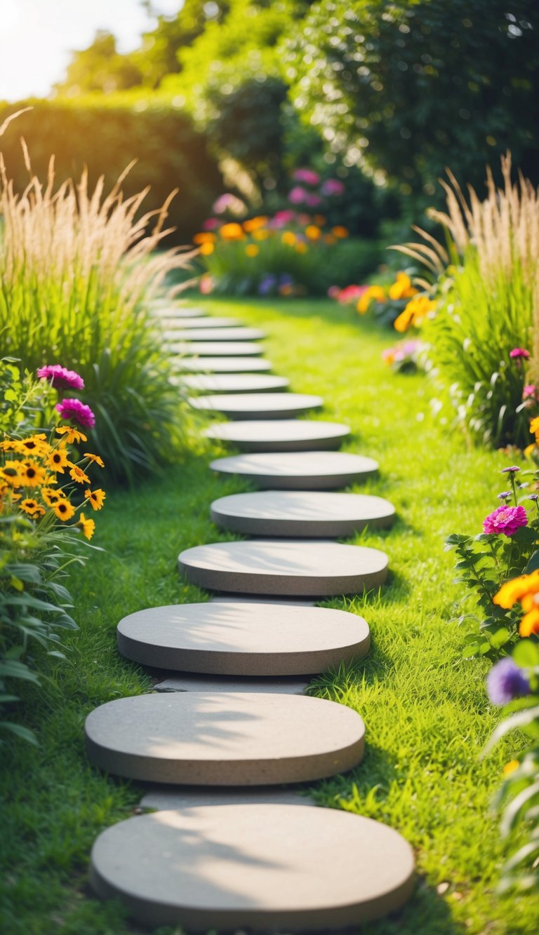 A winding pathway with stepping stones through a lush garden, surrounded by colorful flowers and tall grasses