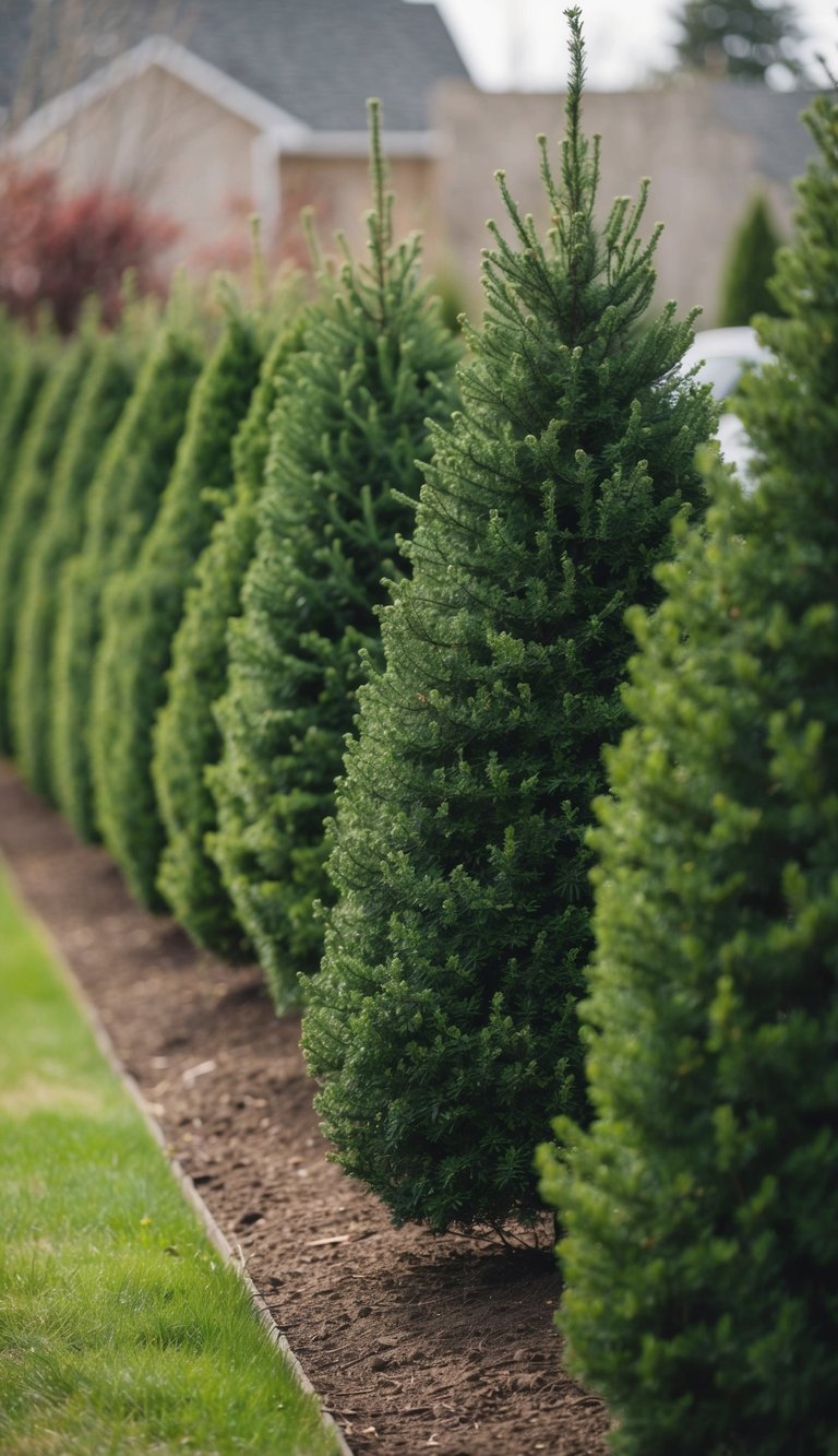 A row of evergreen trees planted in a neat line, creating a dense privacy hedge in a landscaped yard