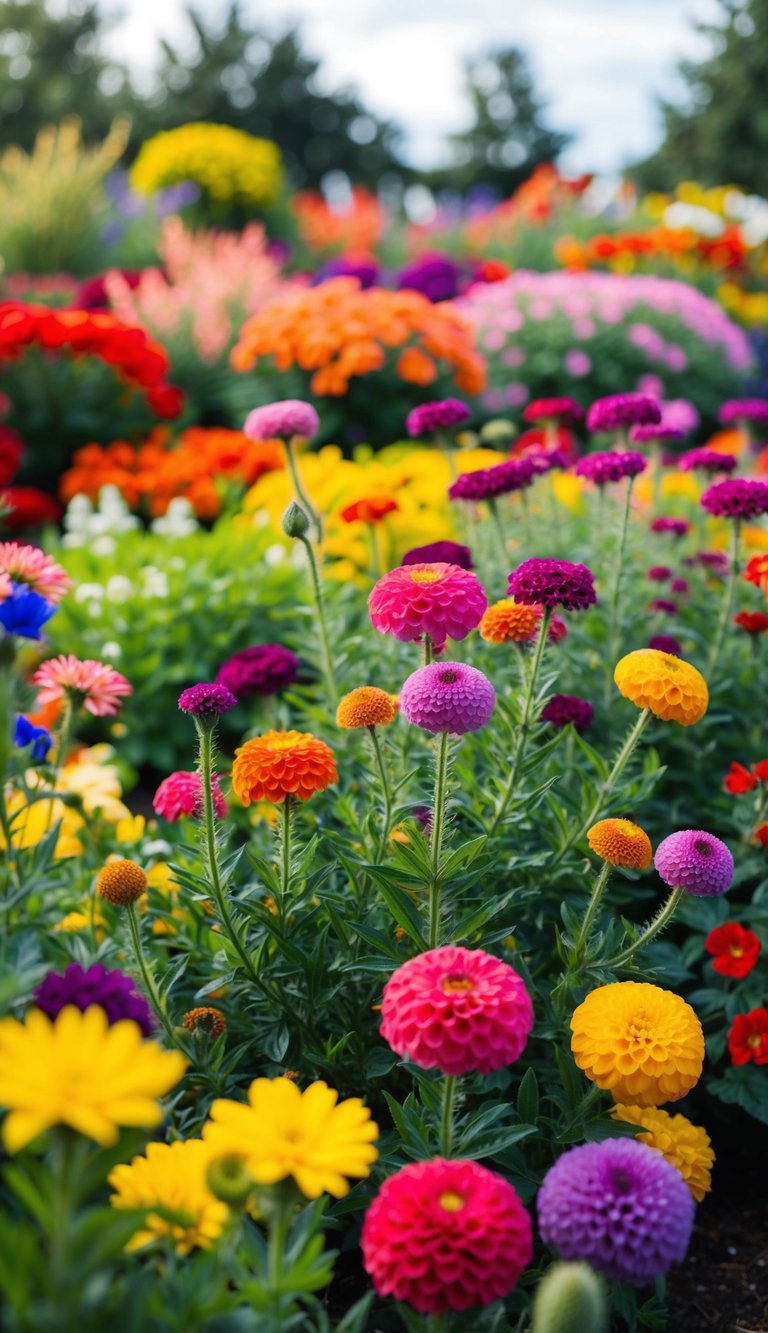 A garden filled with vibrant annual flowers in various colors, creating a lively and colorful landscape