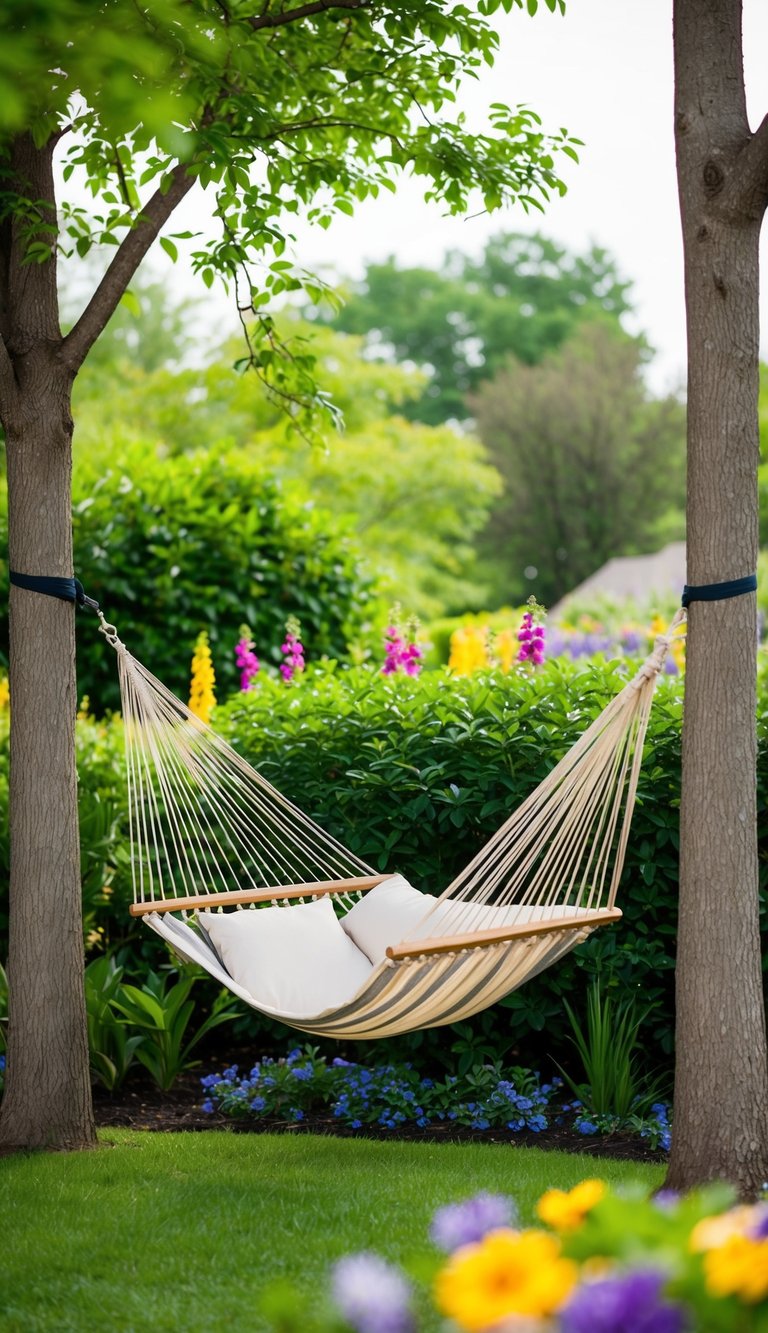 A hammock is suspended between two trees in a tranquil backyard setting, surrounded by lush greenery and colorful flowers