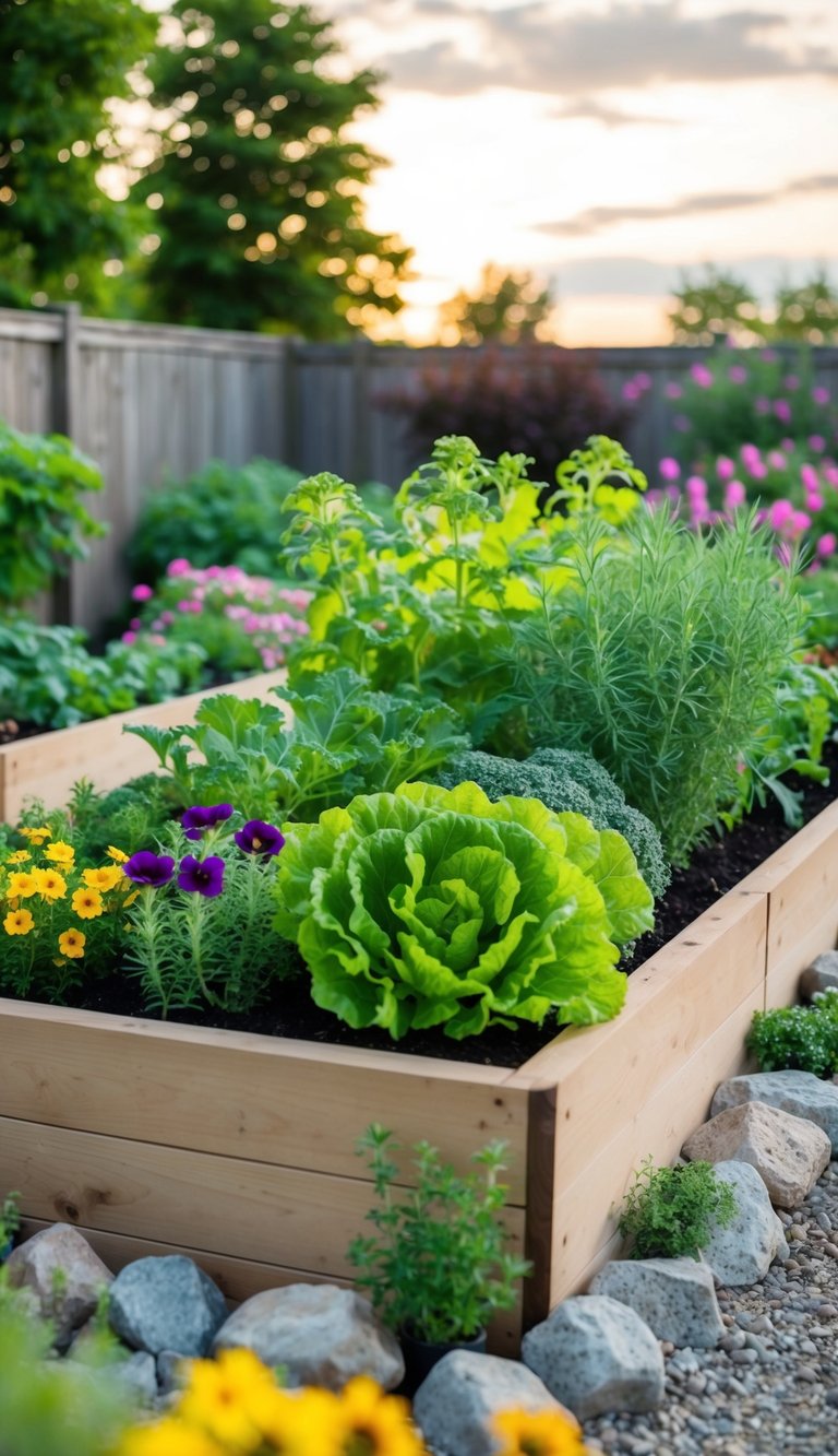 A raised vegetable garden bed surrounded by 21 landscaping ideas, including colorful flowers, herbs, and decorative rocks