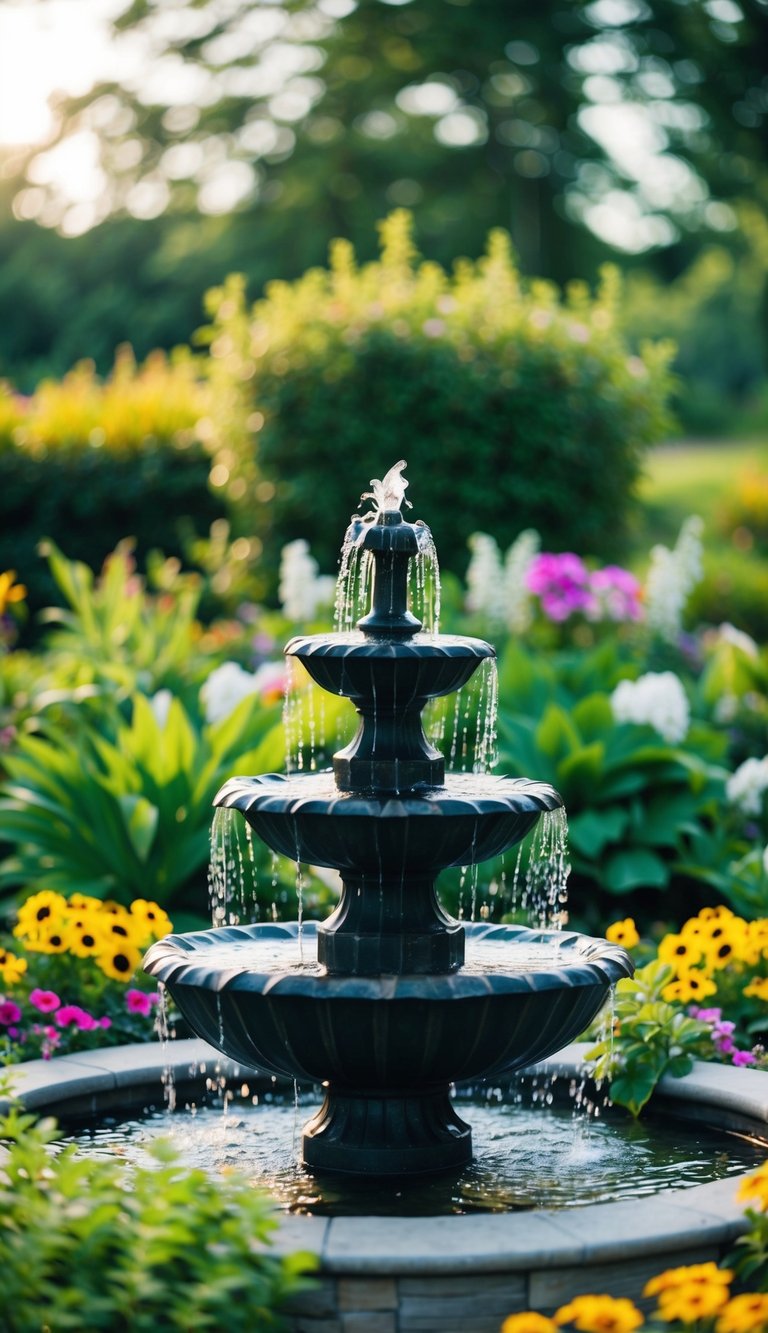 A small fountain surrounded by lush greenery and colorful flowers, creating a tranquil and serene ambiance for a landscaping project