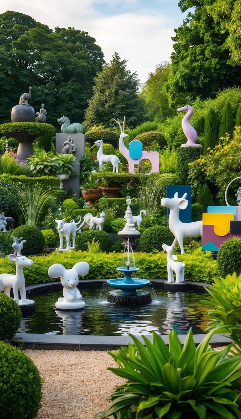 A lush garden filled with various sculptures, including whimsical animals, elegant fountains, and abstract art pieces, creating a serene and artistic landscape