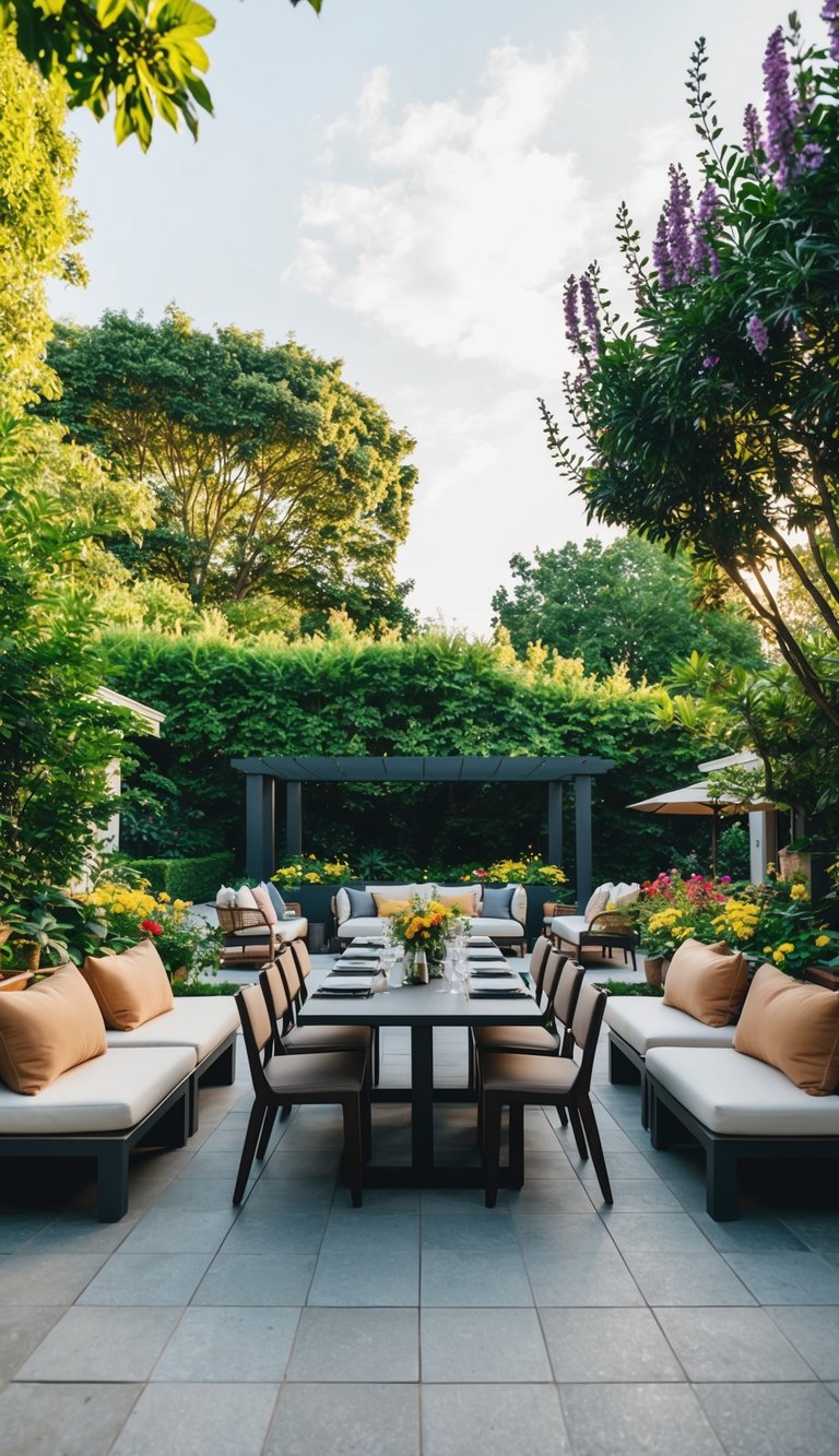 A spacious outdoor dining area surrounded by lush greenery and colorful flowers, with a mix of seating options including a large table, cozy benches, and stylish lounge chairs