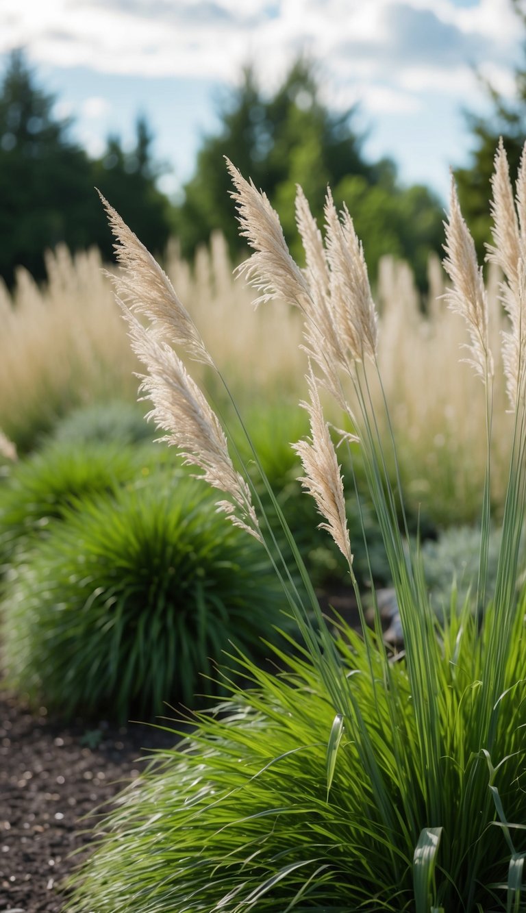 Ornamental grasses sway in the breeze, adding texture to a landscaped garden