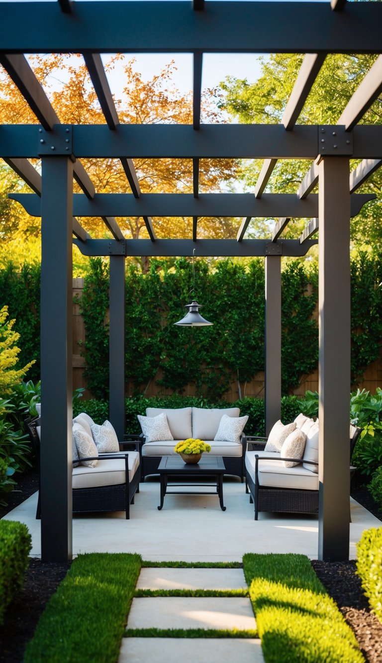 A pergola-covered seating area surrounded by lush landscaping and dappled sunlight