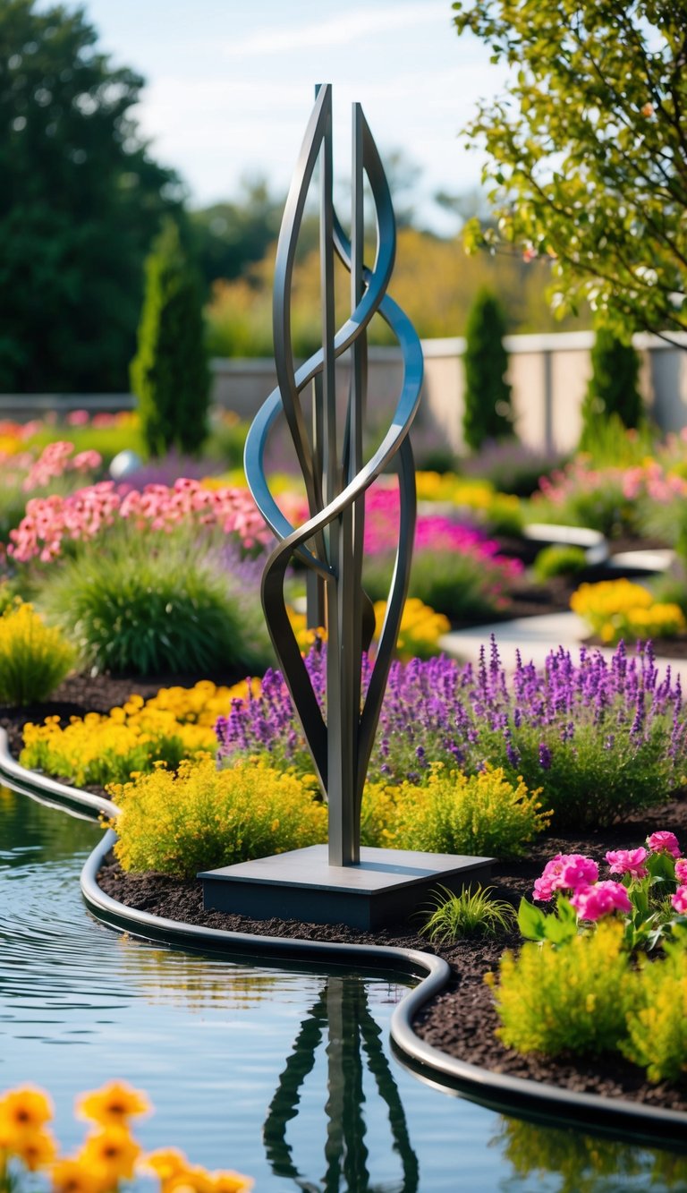 A modern metal sculpture stands amidst 21 unique landscaping ideas, including vibrant flowers, winding pathways, and tranquil water features