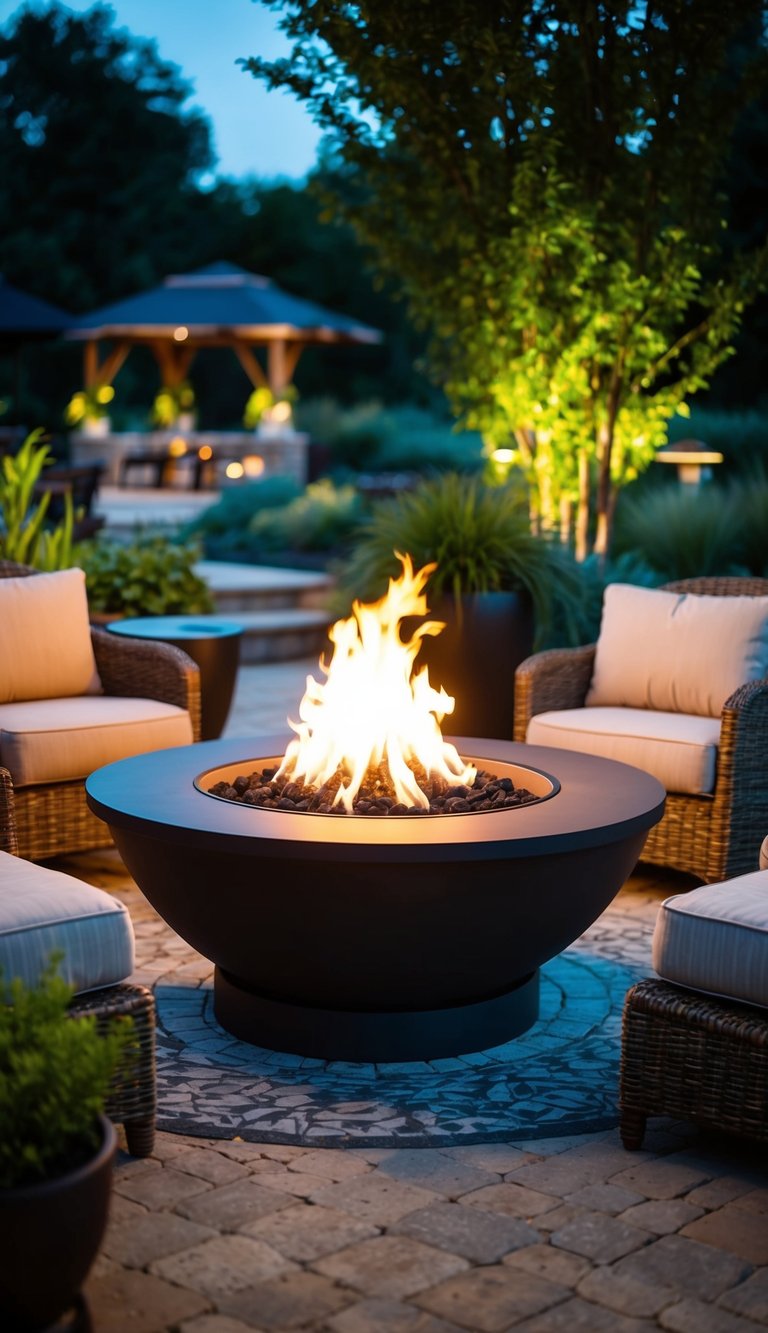 A cozy fire pit surrounded by comfortable seating, set amidst a beautifully landscaped outdoor space, with soft lighting creating a warm and inviting atmosphere for nighttime gatherings