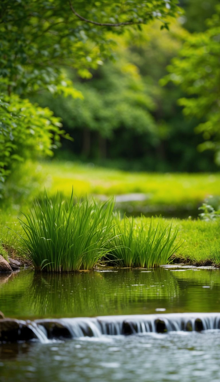 A small pond nestled within a serene landscape, surrounded by lush greenery and gently flowing water