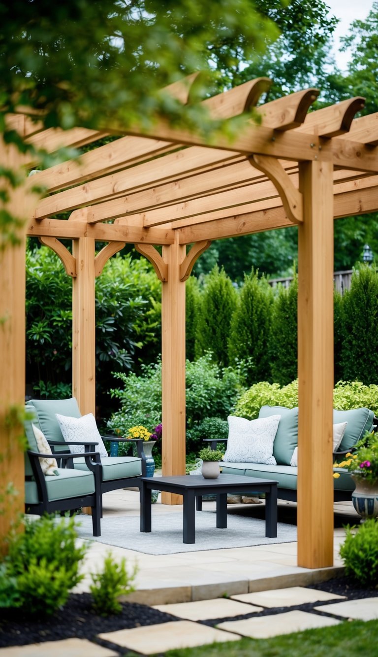 A wooden pergola stands in a garden, providing shade for a cozy seating area surrounded by lush landscaping