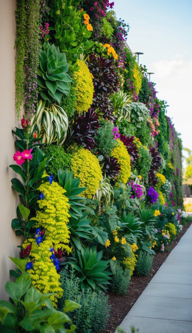 A tall wall covered in various plants and flowers, creating a vibrant and lush outdoor landscape