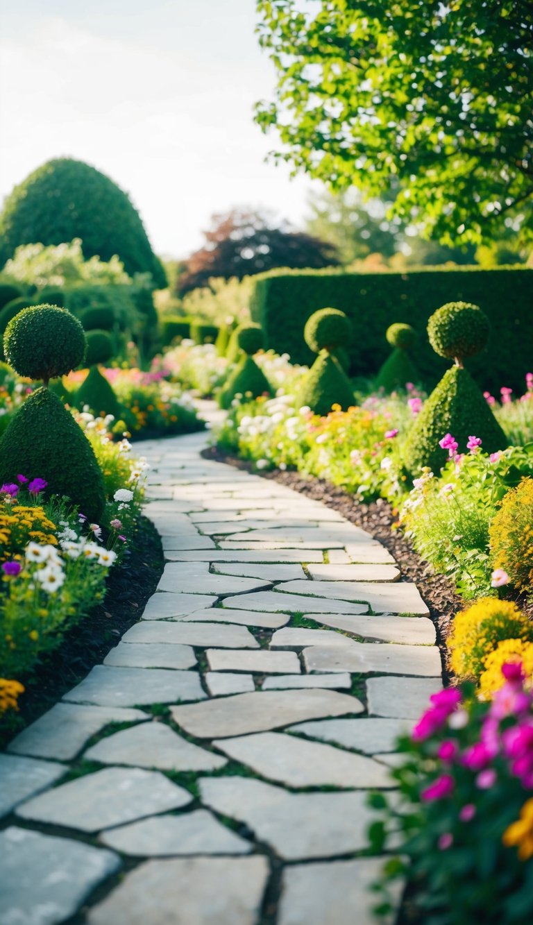 A winding stone pathway leads through a lush garden, bordered by vibrant flowers and elegant topiaries, creating a serene and sophisticated outdoor landscape