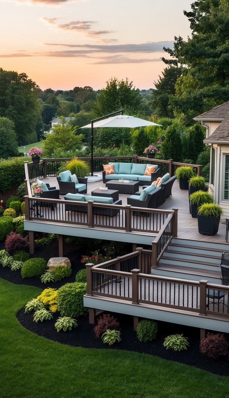 A multi-level deck with various seating areas surrounded by lush landscaping and outdoor entertaining features