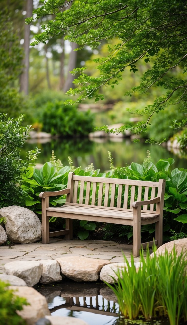 A wooden bench nestled among lush greenery and surrounded by natural stone, overlooking a tranquil pond