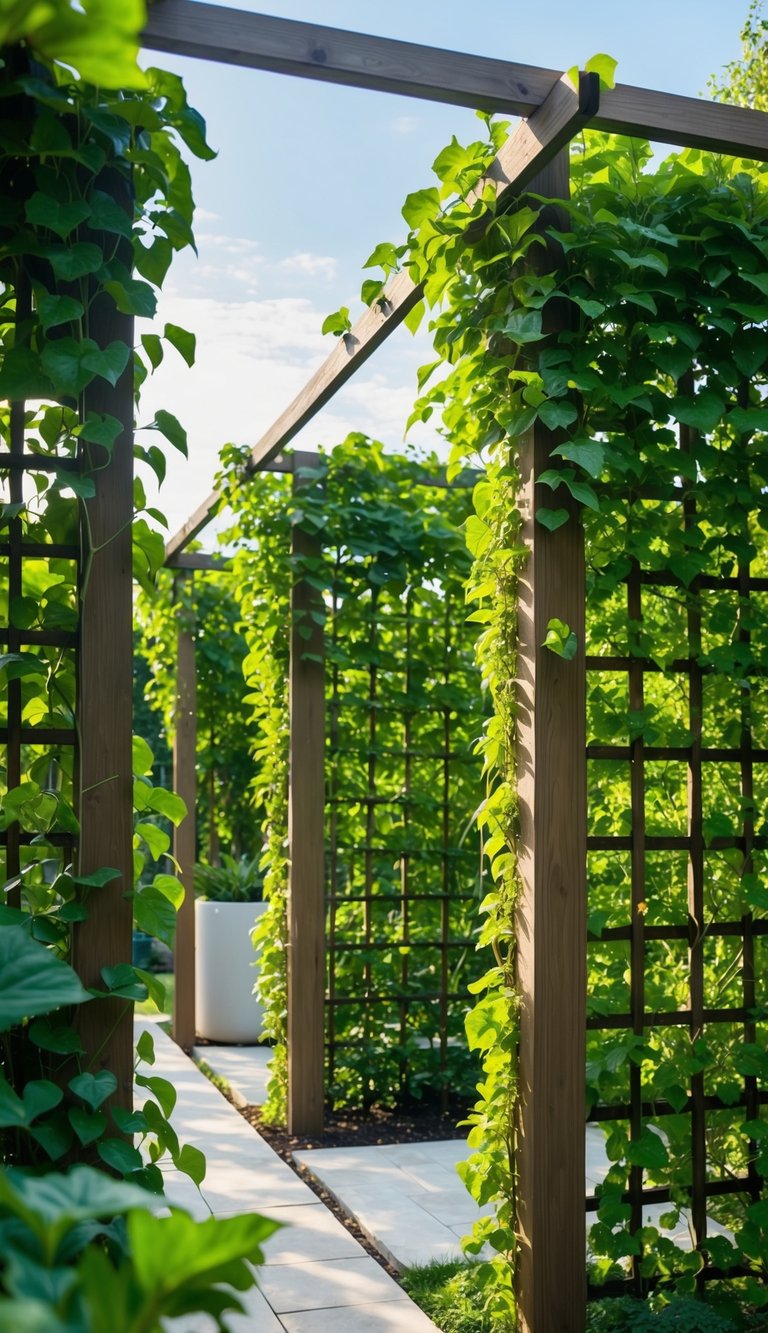 Lush green climbing plants cover wooden trellises, creating a natural privacy screen in a beautifully landscaped outdoor space