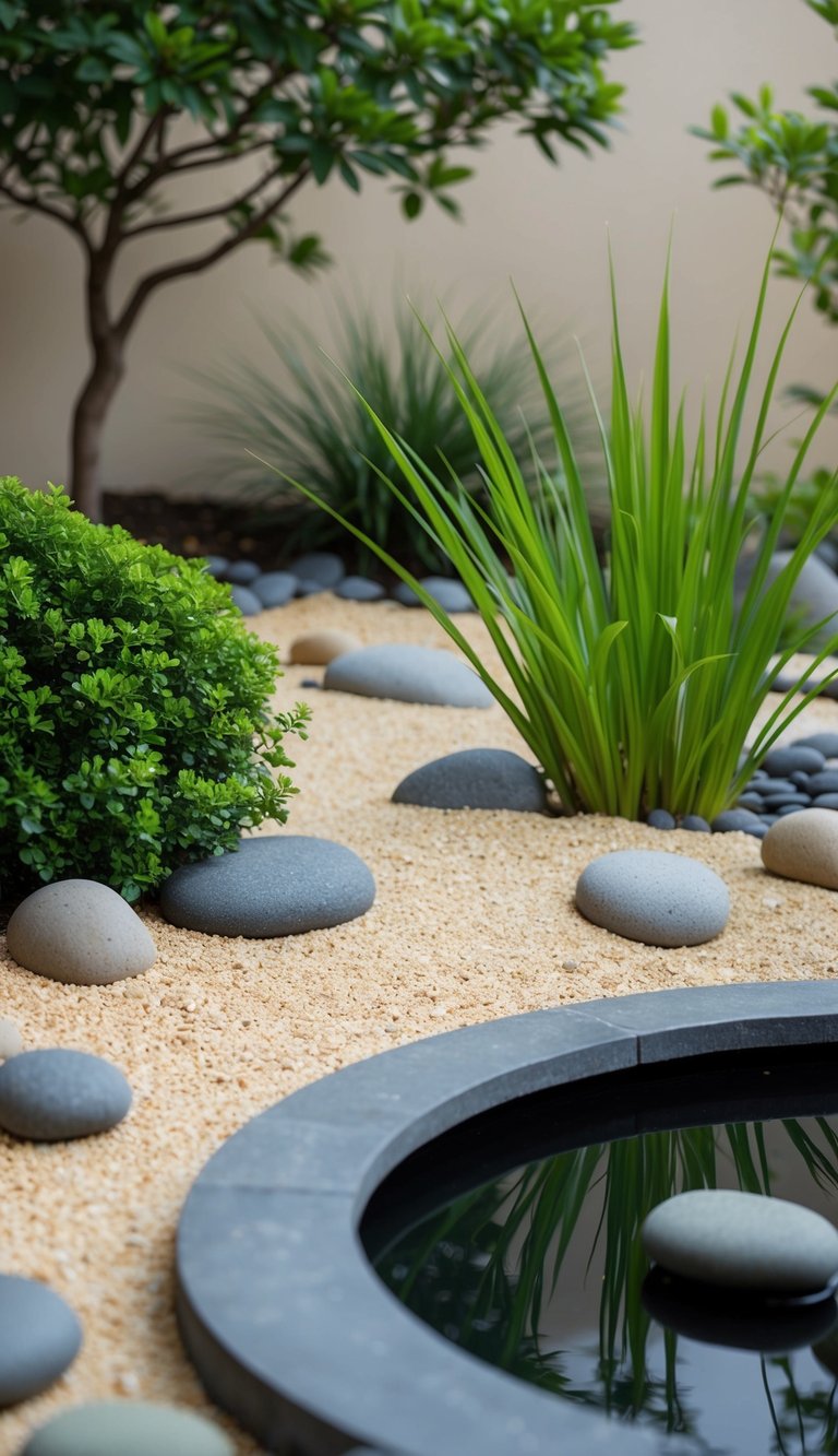 A serene zen garden with raked sand, rocks, and simple greenery nestled among smooth pebbles and a tranquil water feature