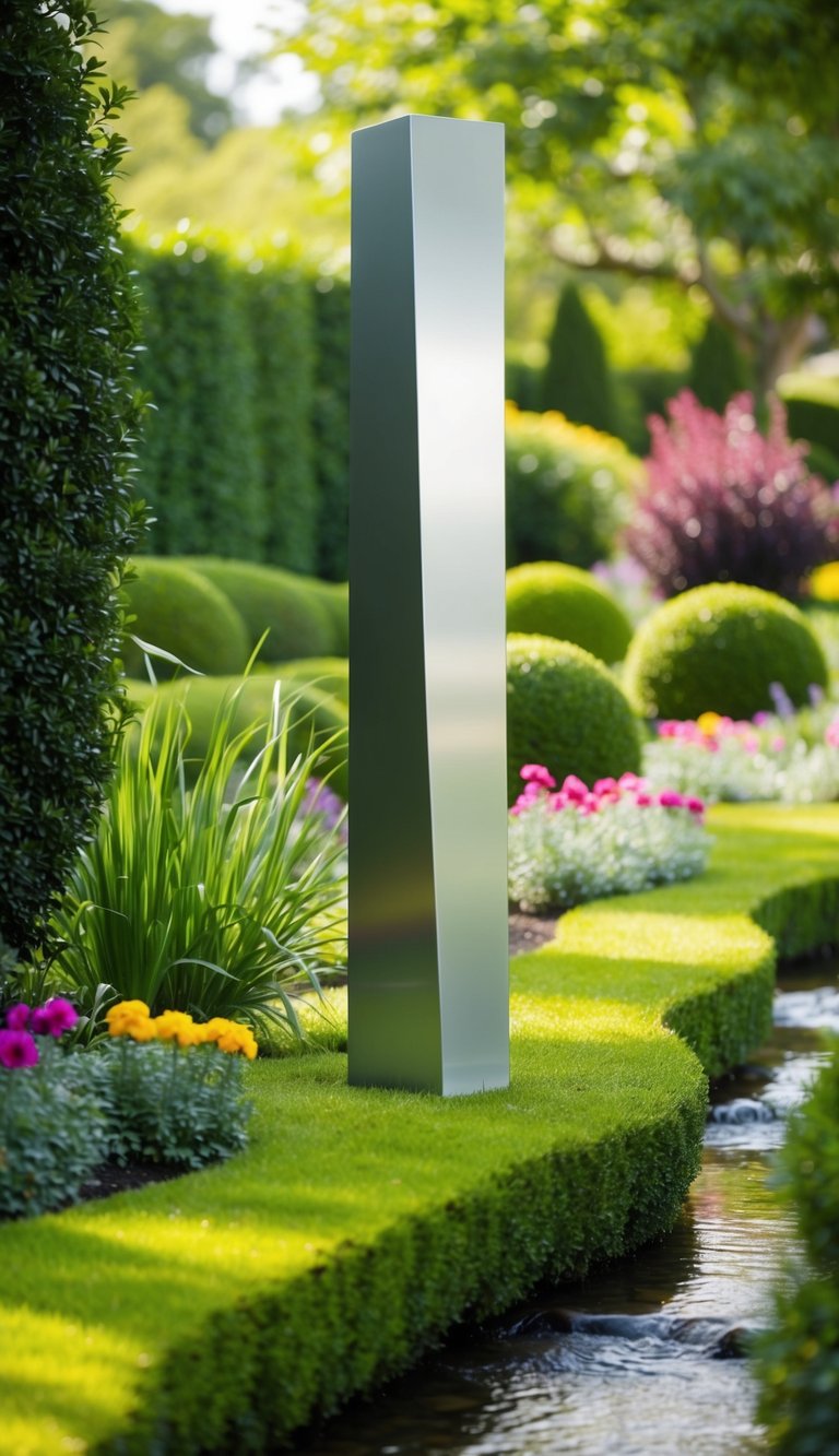 A sleek modern sculpture stands amidst a lush garden, surrounded by carefully manicured shrubs and colorful flowers. A gentle stream flows nearby, adding to the tranquil atmosphere