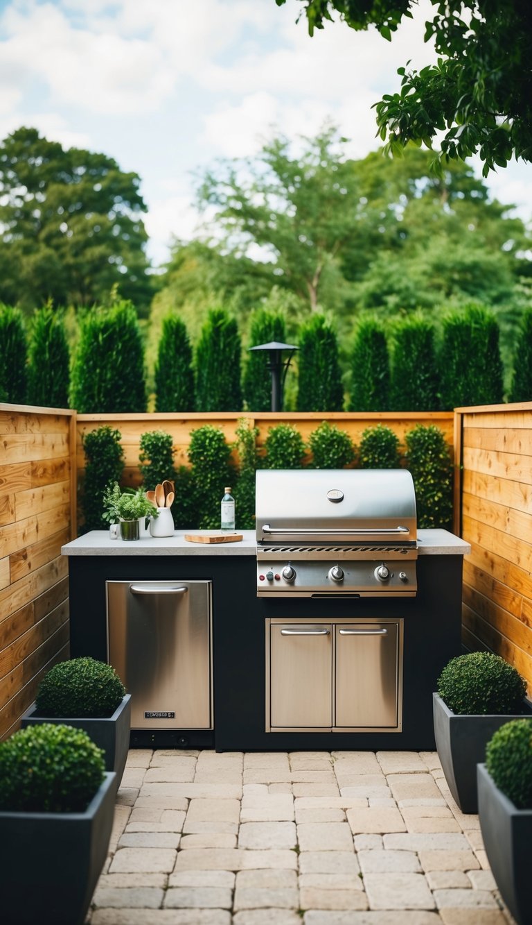 An outdoor kitchen with a barbecue station surrounded by 23 landscaping ideas