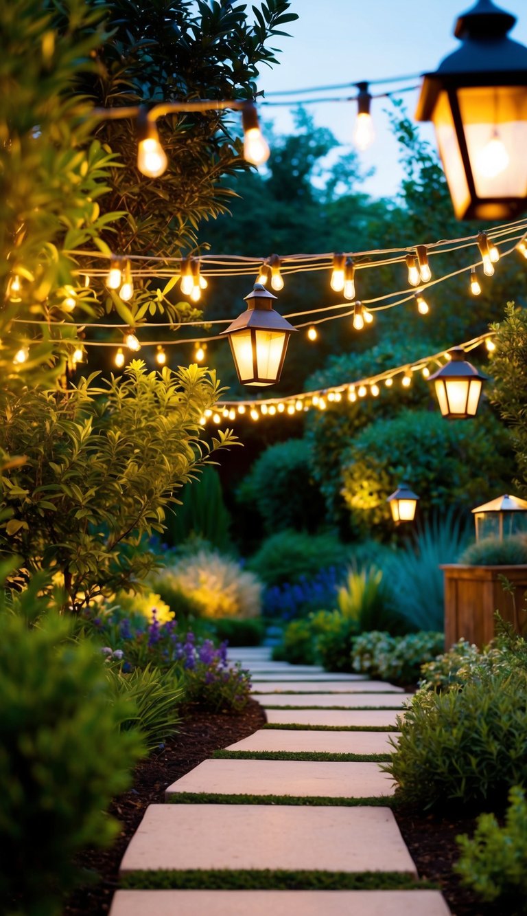 String lights and lanterns create a warm glow over a lush outdoor landscape, illuminating pathways and highlighting garden features