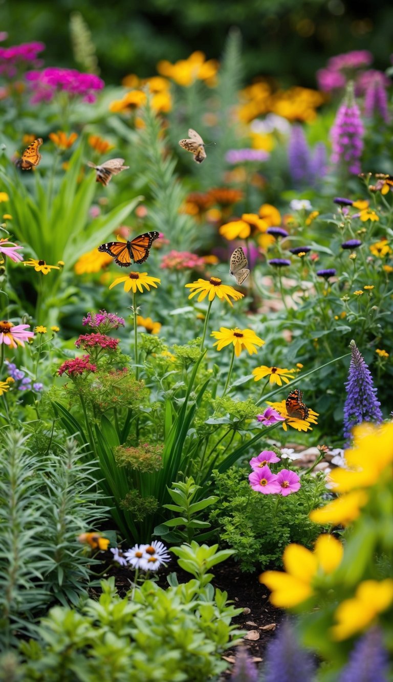 A lush garden filled with native plants and flowers, attracting a variety of wildlife such as butterflies, birds, and bees