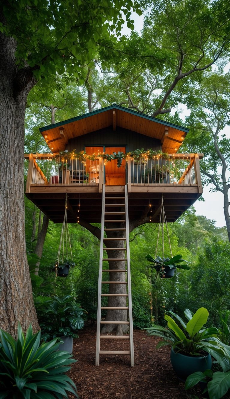 A treehouse nestled among lush green trees, with a sturdy ladder leading up to a spacious platform, surrounded by hanging plants and twinkling fairy lights