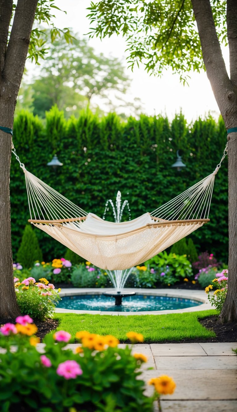 A hammock hangs between two trees in a lush backyard garden, surrounded by blooming flowers and a small bubbling fountain