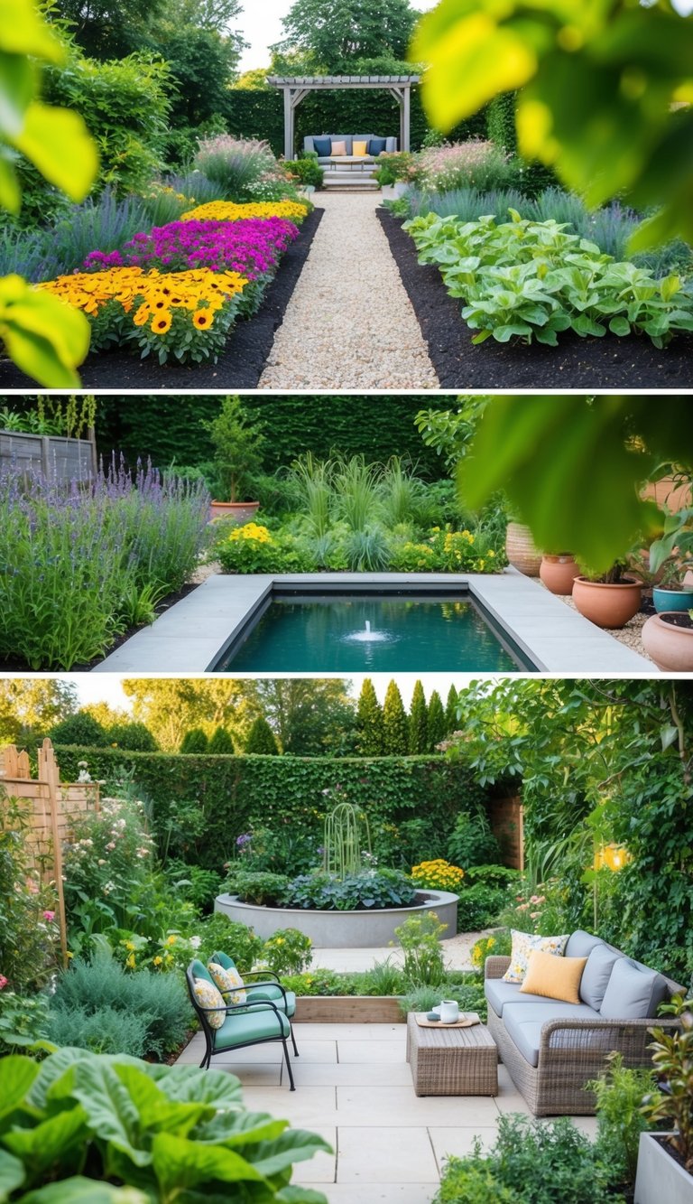 A lush garden with separate zones: a colorful flower bed, a tranquil water feature, a vegetable patch, and a cozy seating area surrounded by greenery