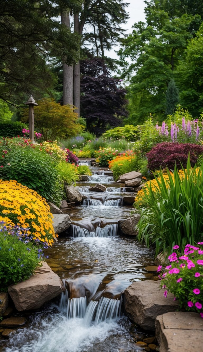 A bubbling brook winds through a lush garden, surrounded by colorful flowers and towering trees