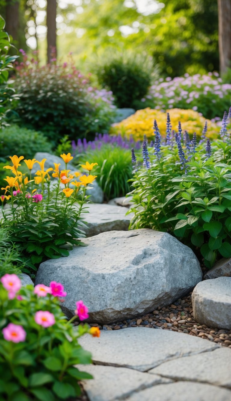 A serene rock garden nestled among lush greenery and colorful flowers, creating a low-maintenance and visually stunning outdoor landscape