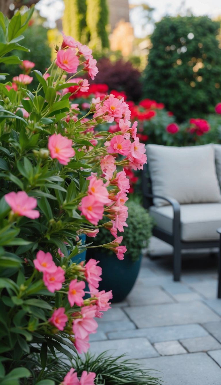 Fragrant flowers bloom near outdoor seating, surrounded by lush landscaping