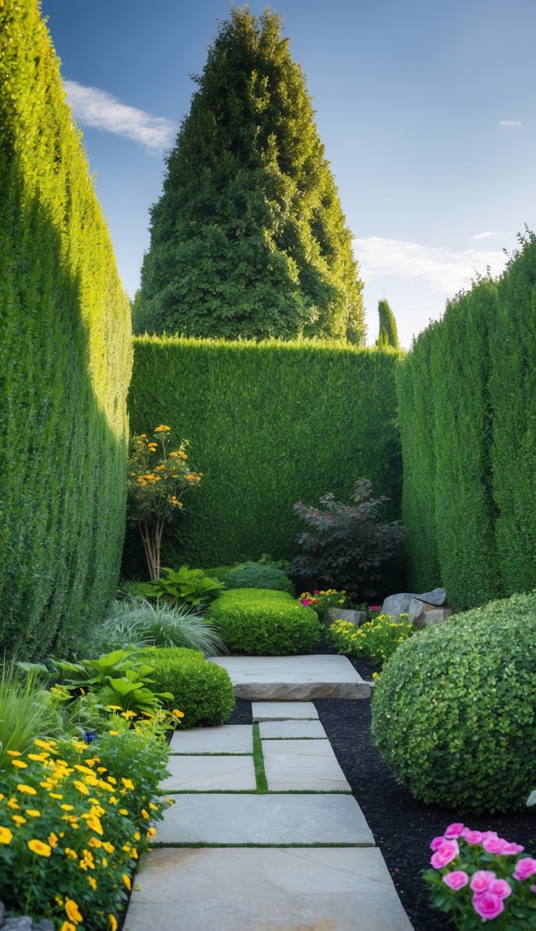 Tall hedges enclose a backyard, creating natural privacy. Various landscaping features, such as a stone path and colorful flowers, enhance the outdoor space