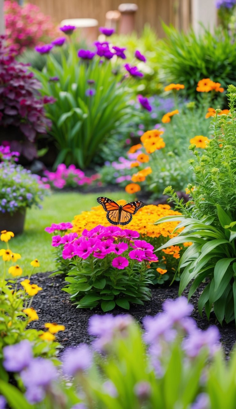 A vibrant butterfly garden with colorful blooms and lush greenery, surrounded by a variety of outdoor landscaping ideas